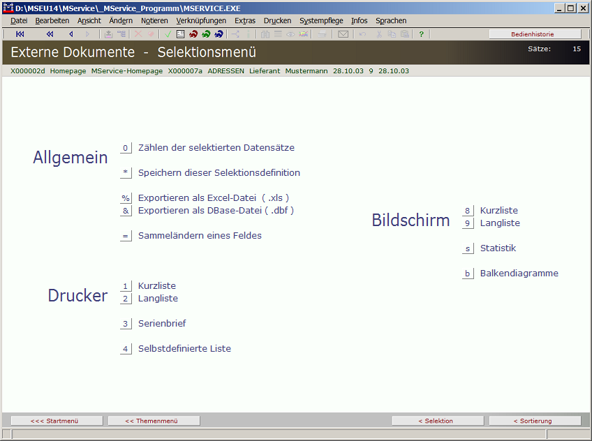 Selektionsmenü Dokumente