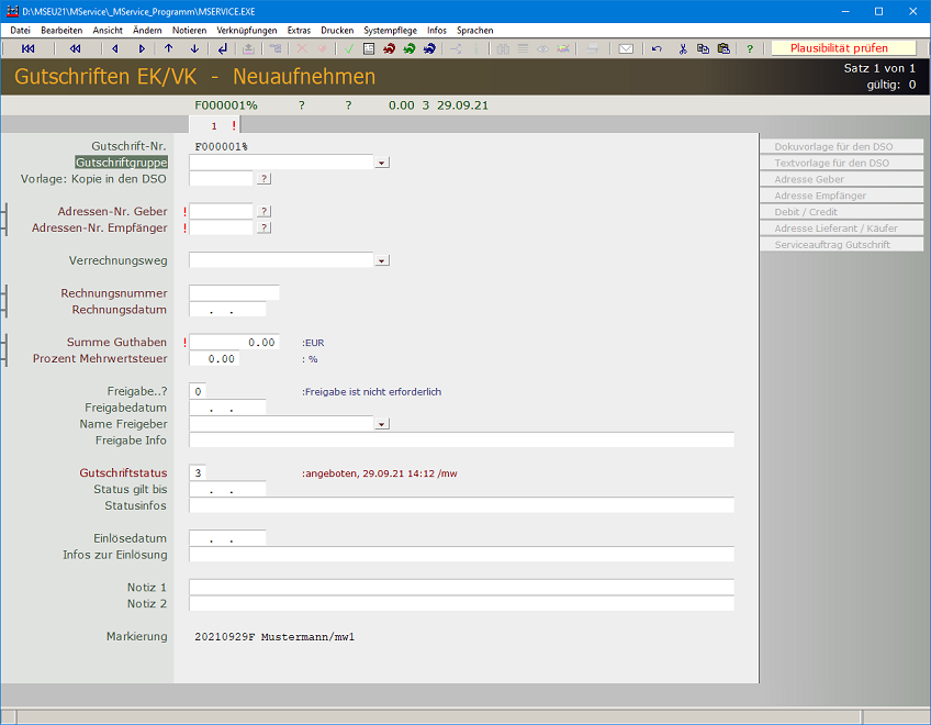 Neuaufnehmen von Gutschriften