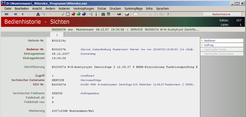 Datensatz Bedienhistorie