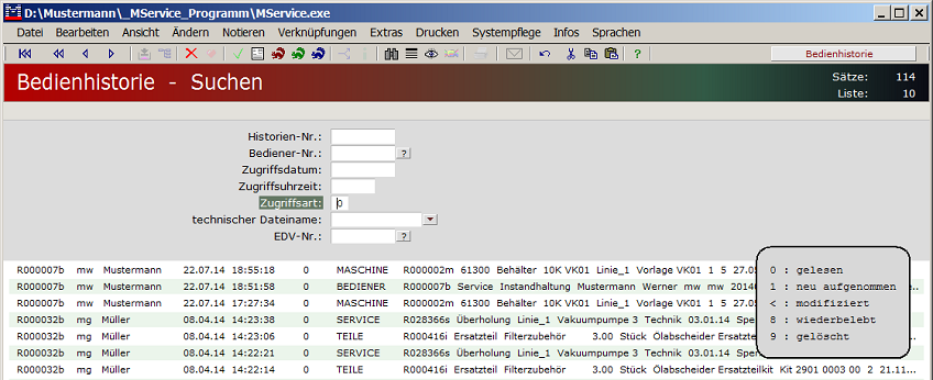 Suchen von Bedienhistorien