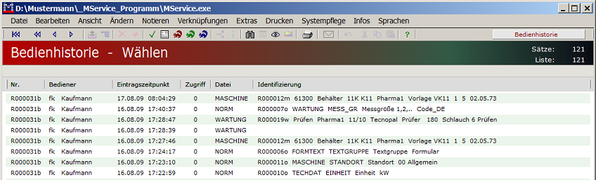 Trefferliste Bedienhistorien