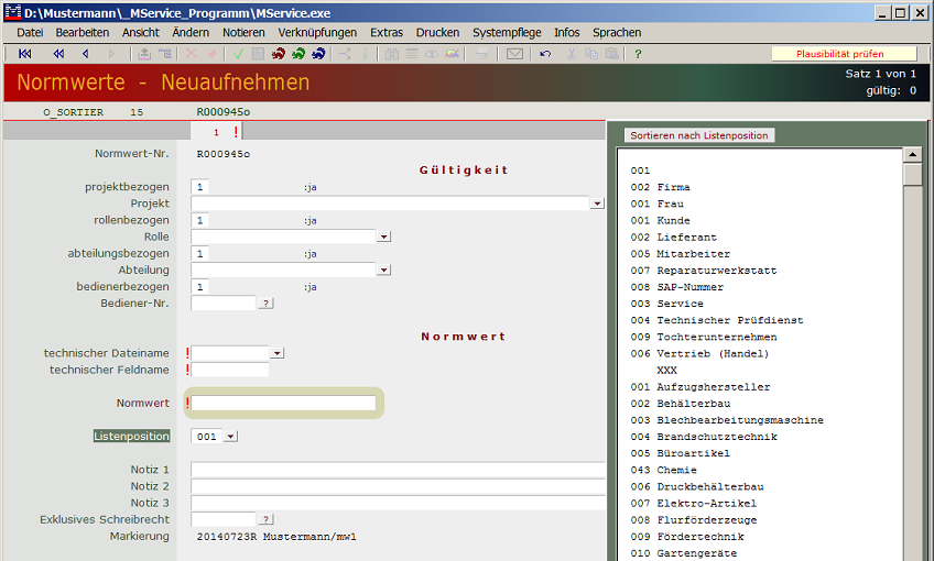 Neuaufnehmen von Normwerten