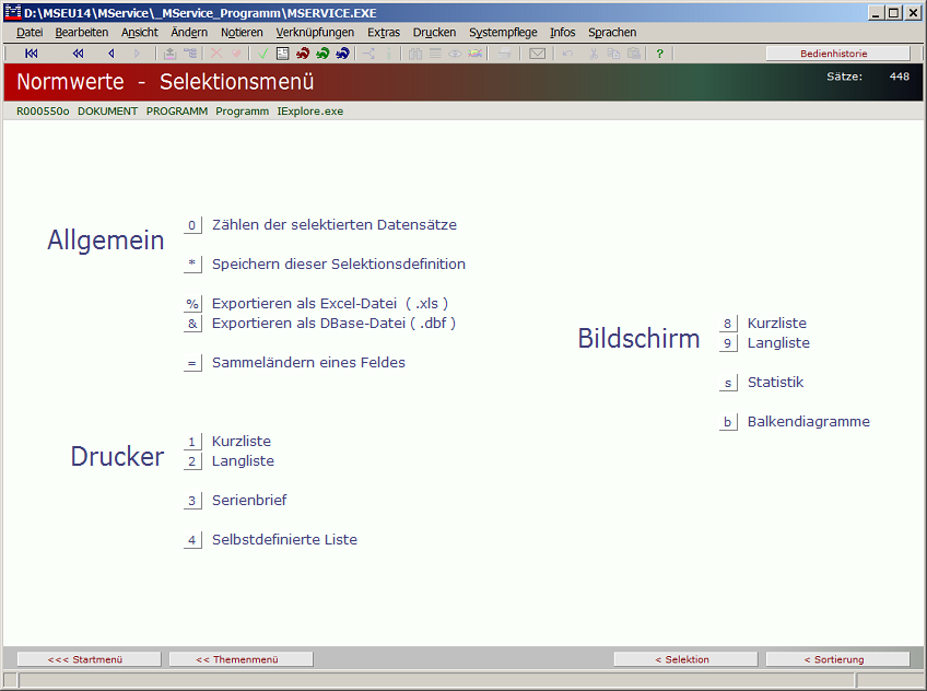 Selektionsmenü Normwerte