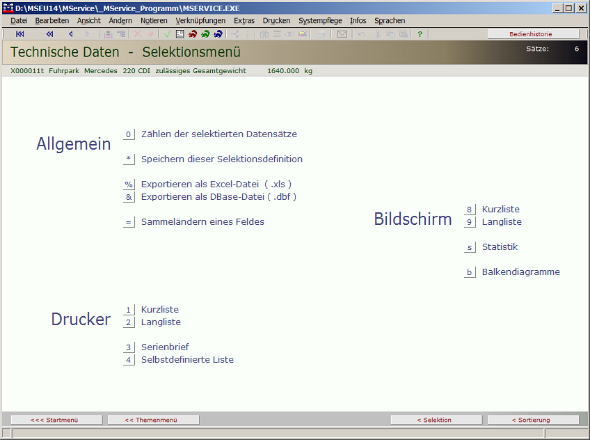 Selektionsmenü Technische Daten