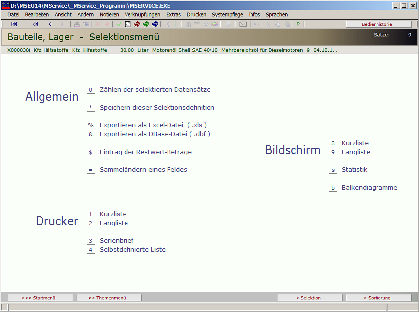 Selektionsmenü Teile