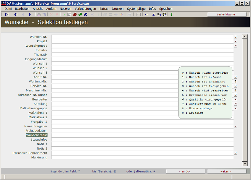 Selektieren von W&uuml;nschen