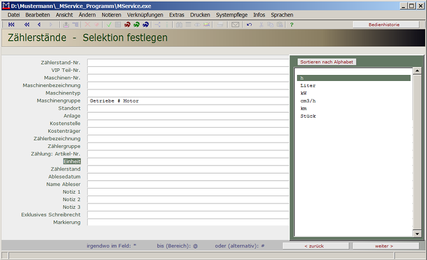 Zählerstände Selektieren