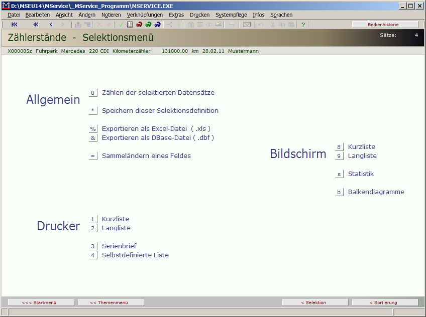 Selektionsmenü Zählerstände