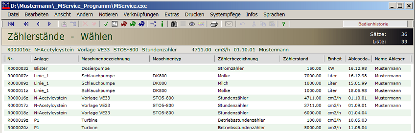 Trefferliste Zählerstände